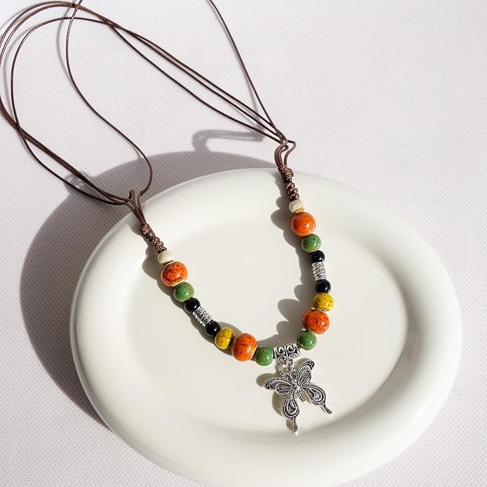 Boho Style Colorful Ceramic Bead Strand Necklace Adjustable Bohemian Jewelry Gift for Women, Fashion Clothing Matching Necklace
