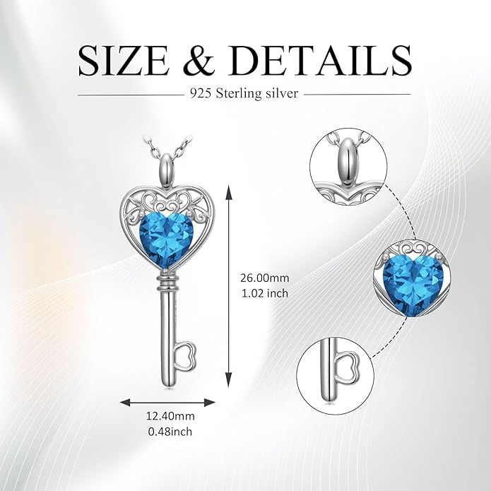 WSX Heart Key Birthstone Necklace for Women 925 Sterling Silver Love Key Pendant with Birthstone Valentine's Day Anniversary Jewelry Gift for Her