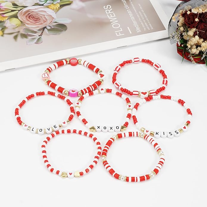 Beaded Bracelet for Women Pink Love Heart Stretch Bracelets Accessories