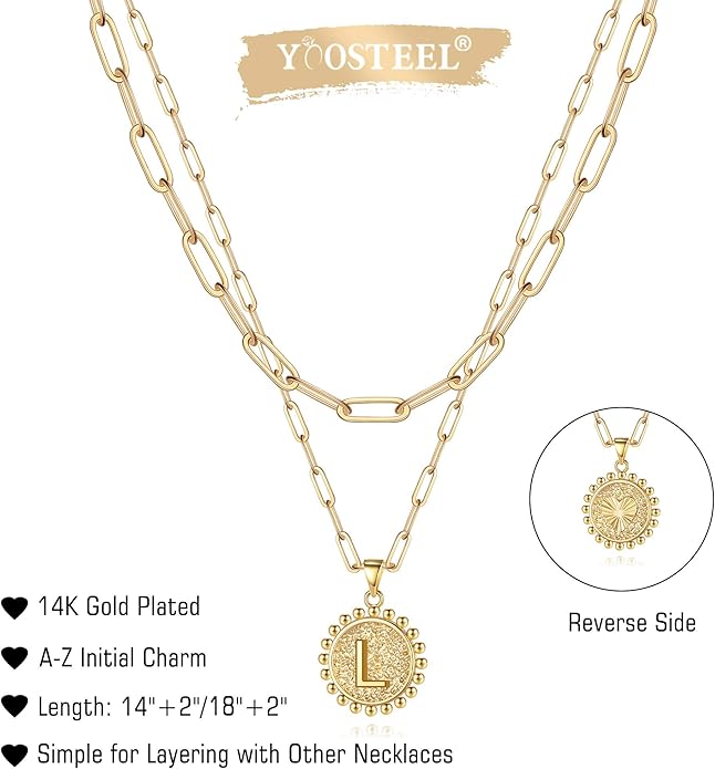 Yoosteel Valentines Gifts for Women Her - Gold Layered Initial Necklaces for Women 14K Gold Plated Dainty Layering Paperclip Link Chain Necklace Coin Initial Necklace Birthday Gifts for Teen Girls