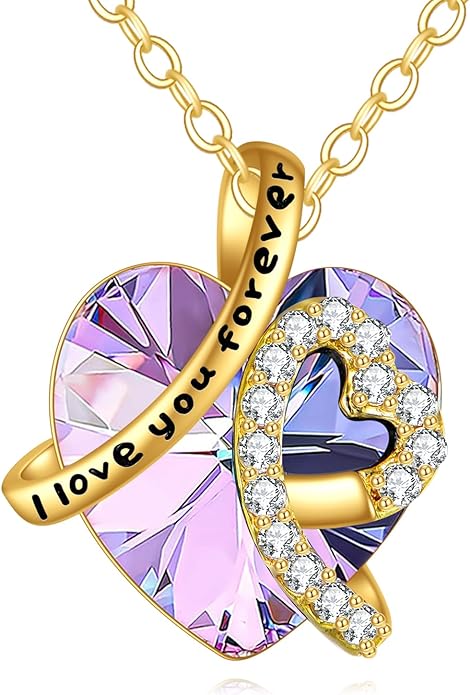 KECHO 14K Real Gold I Love You Forever Necklace Solid Yellow Gold Heart Birthstone Crystal Pendant Jewelry Birthday Mother's Day Anniversary Christmas Gifts for Women