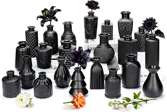 Black Glass Bud Vase Set of 22 Pcs, Small Bud Vases in Bulk, Glass Crystal by JXINDUJU