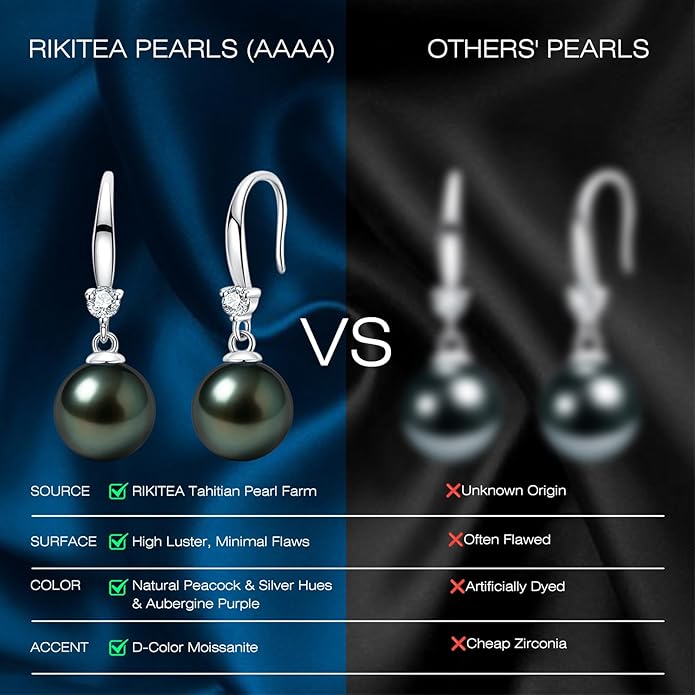 Genunie Tahitian Black Pearl Earrings, 9-11mm AAAA Natural Ocean-Grown Pearls with Sterling Silver Moissanite Earring, Anniversary Wedding Birthday Christmas Gift for Wife Mom Daughter, Women Jewelry