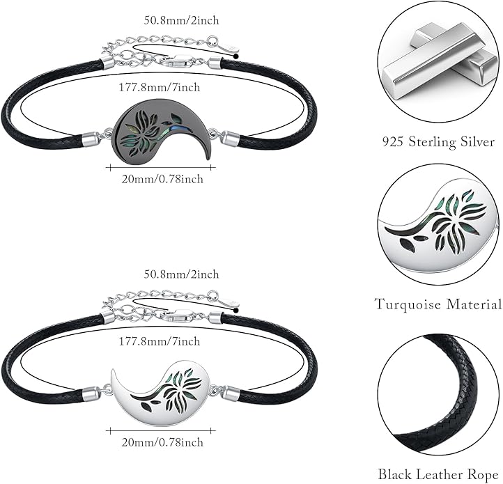 Yin Yang Bracelet 925 Sterling Silver Couple Friendship Bracelets Tree of Life/Sun Moon/Mountain/Lotus Abalone Jewelry for Women Men Couples, Leather Cord 7+2 in