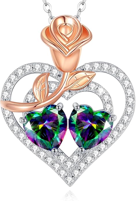 AGVANA Valentines Day Gifts Birthstone Necklace for Women Sterling Silver Rose Flower Heart Double Birthstone Jewelry Pendant Necklace Anniversary Birthday Gifts for Women Mom Wife Girlfriend Her
