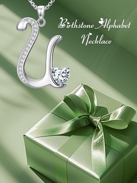 Valentines Day Gifts for Women Alphabet A to Z Initial Birthstone Pendant Necklaces for Women - 18k White Gold Plated Personalized Name Jewelry Valentine Mothers Day Birthday Gifts for Women Her Girlfriend