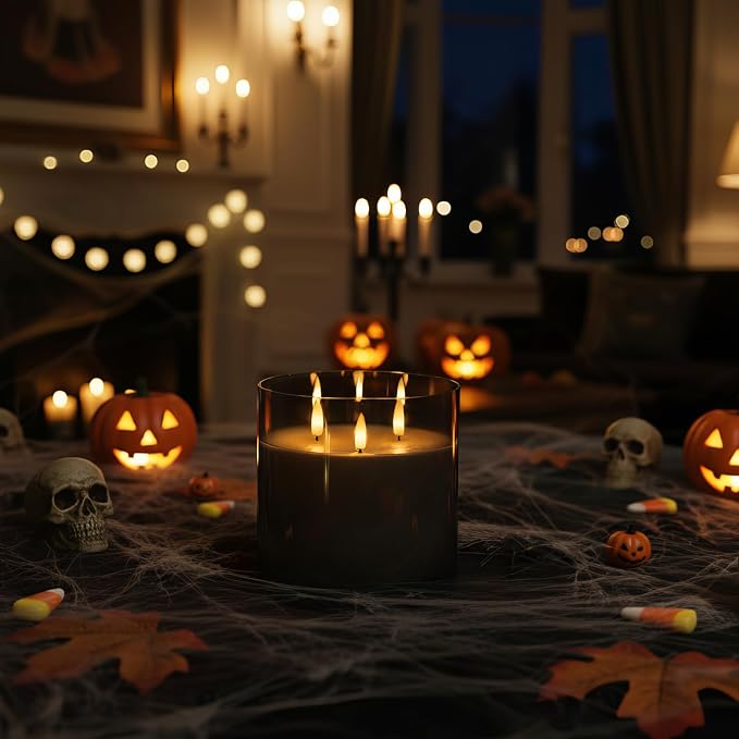 Homemory Grey Large Glass Flameless LED Candle, 3 Wicks, Remote Timer | 6"x6" - Image 2