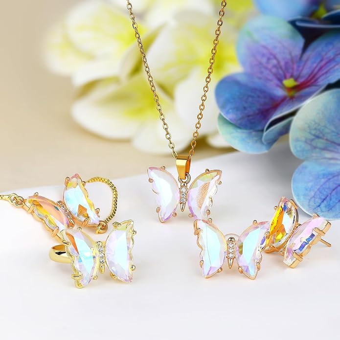 MISS RIGHT Butterfly Crystal Jewelry Set with Butterfly Necklace Stud Earrings Bolo Bracelet Adjustable Ring for Women Trendy, Iridescent Y2K Dainty Butterfly Jewelry Gifts