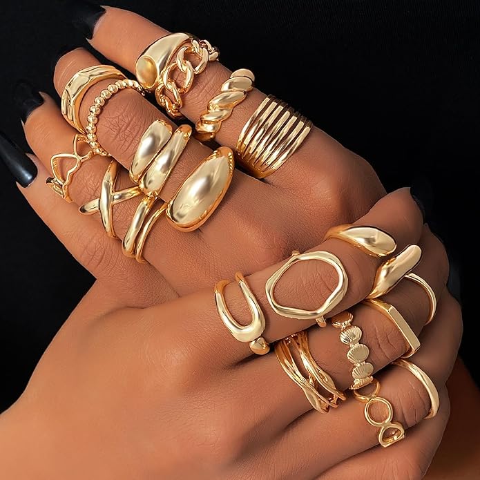 KISS WIFE Goldenen Silvery Black Kunckle Rings Set for Women, Dainty Simple Trendy Cute Stackable Finger Rings Pack, Perfect for Stacking Layering on Thumb and Knuckle, Mixed Size, Jewelry Gift