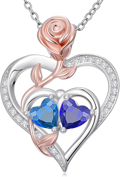 Rose Flower Heart Pendant for Women Birthday Gifts 18k Gold Plated Mother Daughter Necklace with 12 Months Birthstone Christmas Valentines Day Gifts for Her Mom Anniversarry Jewelry for Mom Wife Girlfriend