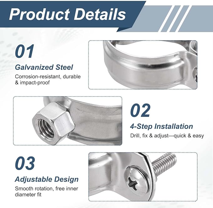HARFINGTON 8 Pcs Adjustable Pipe Bracket Clamps2" Stainless Steel Wall Ceiling - Image 4