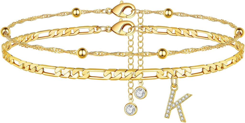 Ursteel Ankle Bracelets for Women, 14K Gold Plated Dainty Layered Chain CZ Initial Anklets Summer Jewelry Gifts for Women