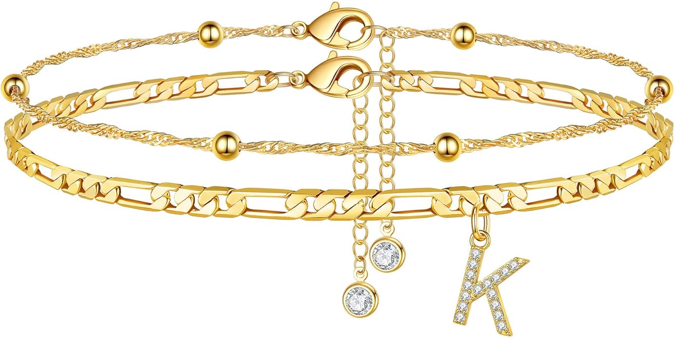 Ursteel Ankle Bracelets for Women, 14K Gold Plated Dainty Layered Chain CZ Initial Anklets Summer Jewelry Gifts for Women