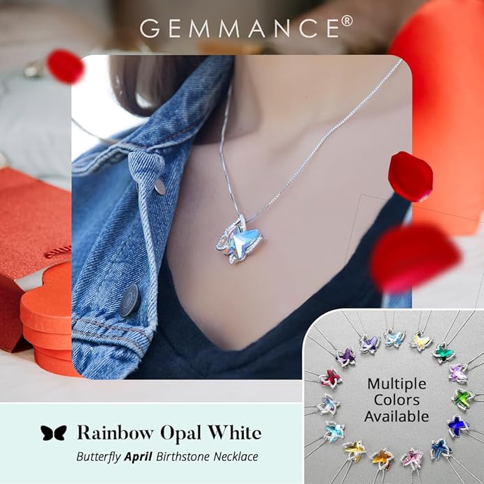 Valentine's Day Gift Butterfly Birthstone Crystal Necklace, Silver Tone with 18”+2” Chain, Necklace for Mother’s Day Anniversary Birthday Gifts for Women and Daughter