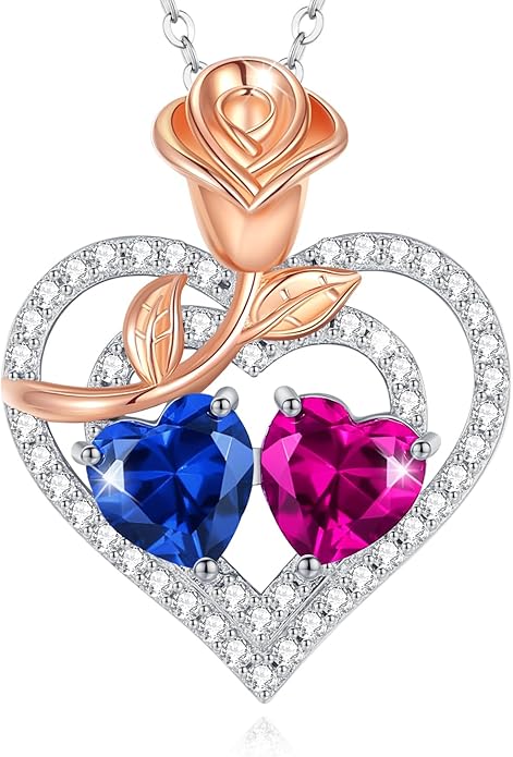 AGVANA Valentines Day Gifts Birthstone Necklace for Women Sterling Silver Rose Flower Heart Double Birthstone Jewelry Pendant Necklace Anniversary Birthday Gifts for Women Mom Wife Girlfriend Her