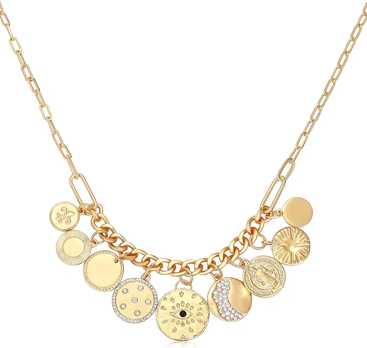 MISS RIGHT Dainty Gold Evil Eye Hamsa Hand Coin Lucky Charm Pendant Necklace for Women Trendy Vintage Paperclip Chain Sun Moon Clover Flower Chunky Charm Necklace Jewelry Gifts