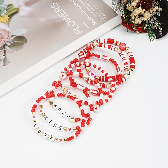 Beaded Bracelet for Women Pink Love Heart Stretch Bracelets Accessories