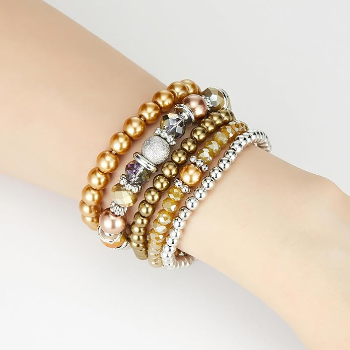 Noessla Beaded Pearl Stretch Bracelet Silver Stackable Crystal Beads Bracelets Trendy Costume Jewelry Mothers Day Gifts for Women