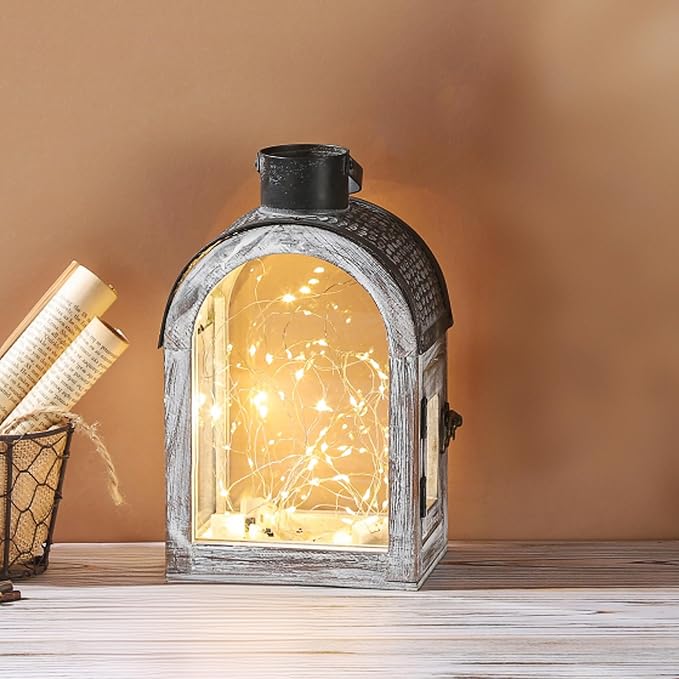 11" High Farmhouse Decorative Lanterns, Glass and Metal, Distressed White Wood - Image 4