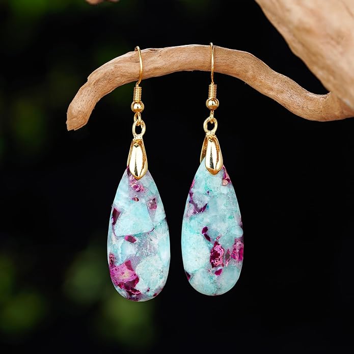 Boho Women Natural Stone Earrings Unique Healing Imperial Jasper Gemstone Energy Hypoallergenic Lightweight Dangle Drop Earrings Multiple Styles Earrings Jewelry for Birthday Party Gift