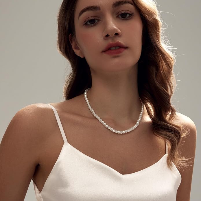 Zeffy Pearl Necklace 4MM/6MM/8MM Dainty Round Imitation Pearl Choker Necklace Wedding Pearl Necklace Delicate Jewelry for Women Simple Bridesmaid Jewelry Gifts