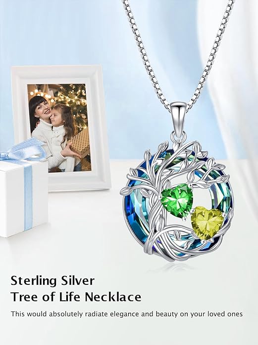 TOUPOP s925 Sterling Silver Family Celtic Tree of Life Pendant Necklaces with 2 Heart Birthstone with Blue Austrian Crystal Jewelry Birthday Valentines Day Gifts for Her, Anniversary Christmas Gifts for Wife Girlfriend Mom (18K Real White Gold Filled)