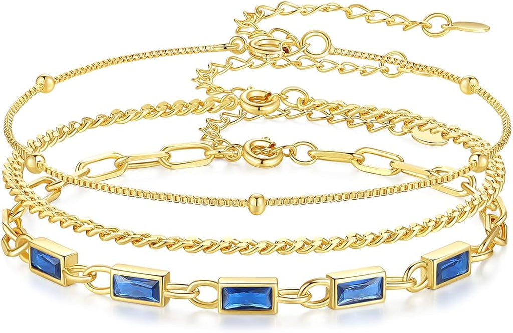 Gold Birthstone Bracelet for Women, 18K Gold Plated Layered Jewelry Bracelet Set, Womens Dainty Stackable Bracelets Link Paperclip Chain Valentines Day Gift for Wife Her