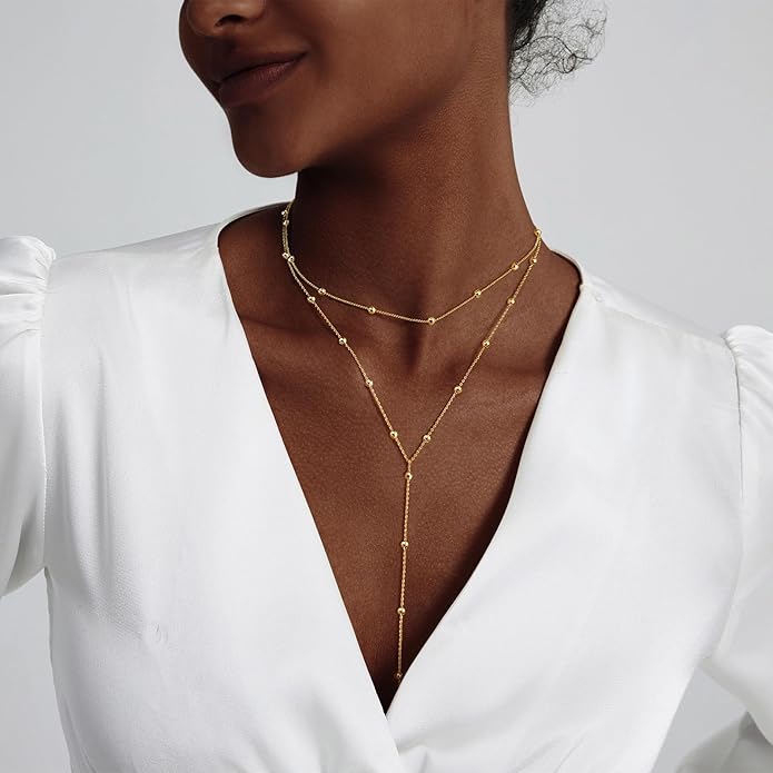 Luxval Lariat Gold Necklace for Women, Dainty Long Necklace 14k Gold Plated/Silver Y-Shaped Pendant Necklaces Trendy Beaded Chain Drop Necklaces Jewelry for Women Gifts