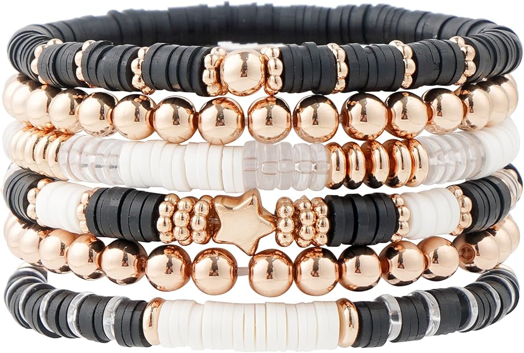 GOOJIDS Surfer Heishi Clay Bead Bracelets for Women Bohemian Stackable Gold Plated Beaded Stretch Bracelets Elastic Layering Friendship Bracelets Set Boho Jewelry