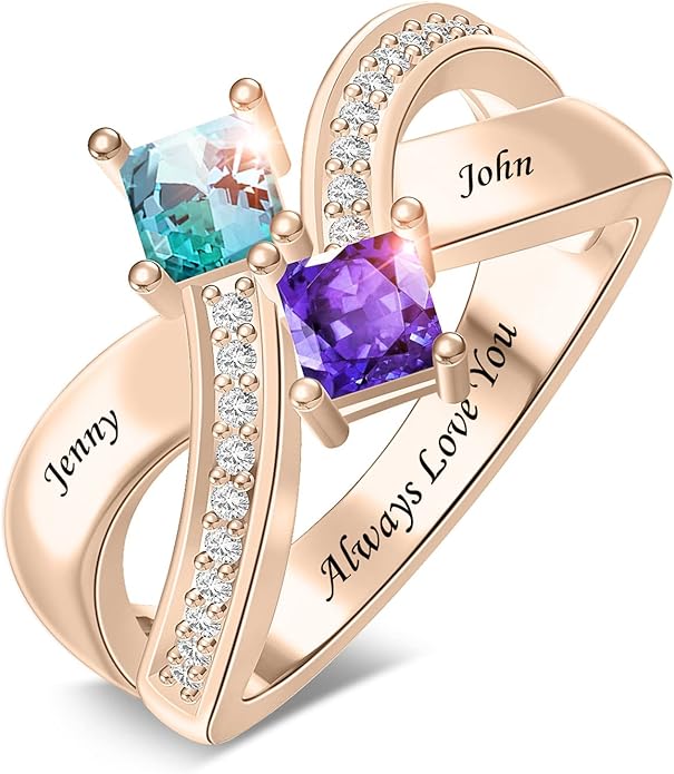 Personalized Heart Birthstone Rings for Women with 2 Birthstones Custom Name Rings for Couple Mother Daughter Jewelry Gift for Mother Her Christmas