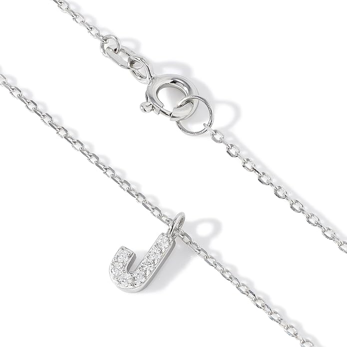 JTV Sterling Silver Initial Necklace for Women, 0.13 CTW White Cubic Zirconia Letter Pendant, Rhodium-Plated, Personalized Monogram Jewelry, Gift Box Included, 18”