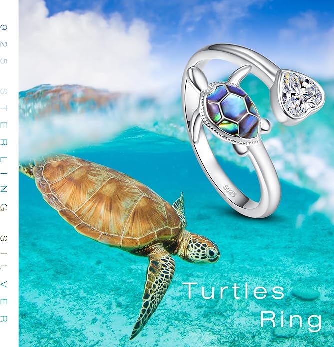 KINGWHYTE Sea Turtle Rings for Women 925 Sterling Silver Ring Adjustable Abalone Shell Open Ring with Heart Zircon Turtle Jewelry Birthday Christmas Gifts