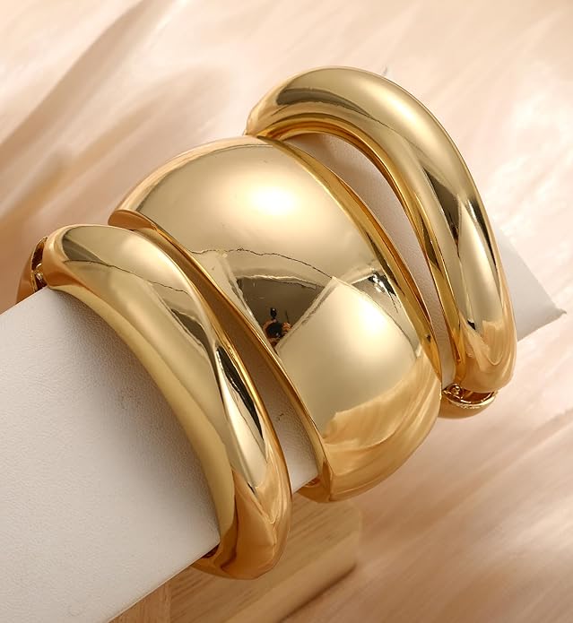 Chunky Gold Bangle Bracelets for Women, 14k Gold Plated Dainty Cuff Stackable Bangles Set, Trendy Bracelet Stack Fashion Jewelry Gifts