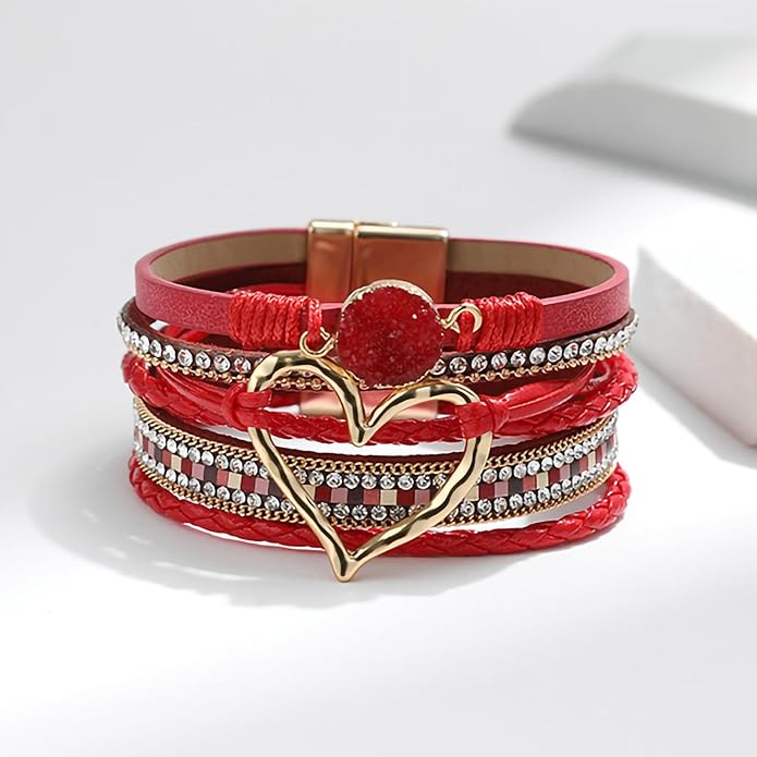 Fesciory Leopard Bracelet for Women, Boho Leather Wrap Multi-Layer Pearl Crystal Bracelet Bangle Jewelry