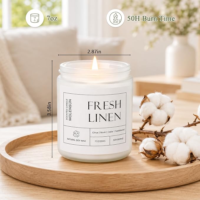 Molensun Fresh Linen Scented Candle, 7 oz Soy Wax Candle - Image 7