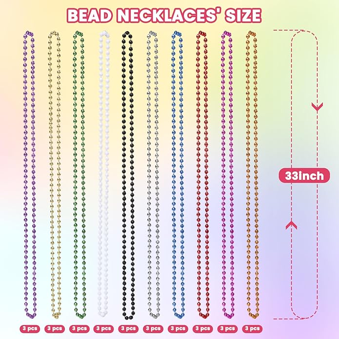 Mardi Gras Beads Necklaces, 33 Inch Plastic Beads for Party Favors, Festival Decorations, Parade Throws, Christmas, St. Patrick's Day Celebrations