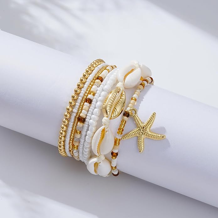 Shell Bracelet Seashell Boho Beaded Stretch Bracelets for Women Summer Beach Bracelets Starfish Charm Bracelet Stackable Gold Plated Bracelets Set for Women
