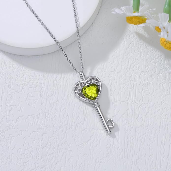 WSX Heart Key Birthstone Necklace for Women 925 Sterling Silver Love Key Pendant with Birthstone Valentine's Day Anniversary Jewelry Gift for Her
