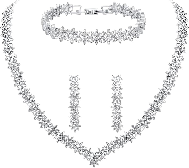 Hadskiss Jewelry Set for Women, Necklace Dangle Earrings Bracelet Set with White AAA Cubic Zirconia, Allergy Free Wedding Party Jewelry for Bridal Bridesmaid