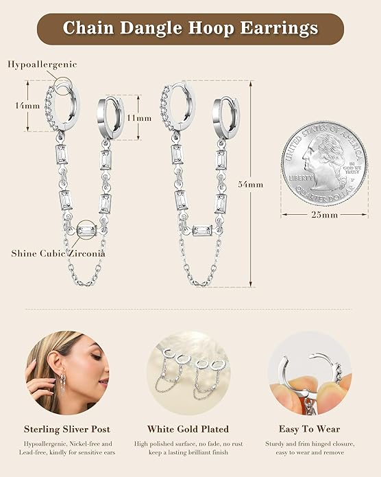Tassel Chain Small Gold Hoop Dangle Earring For Women Huggie Earring Heart Star CZ 14K Gold Plated Fashion Jewelry Friendship Gift
