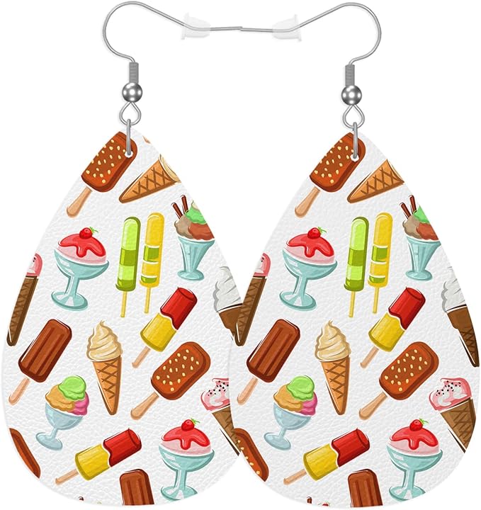 Ice Cream Leather Teardrop Earrings Cute Bright Color Chocolate Ice Cream Sweet Dessert Sundae Cone Faux Leather Water Drop Earrings Jewelry For Women Friends Wedding