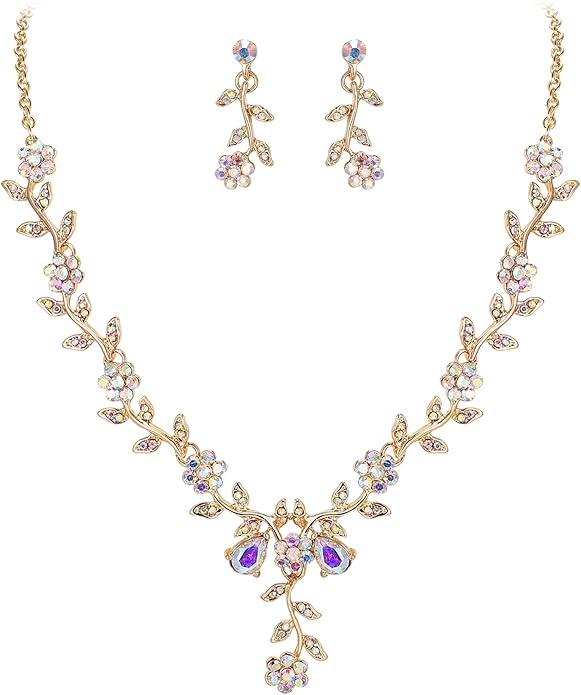 BriLove Women's Wedding Jewelry Leaf Cluster Flower Crystal Dangle Earrings Pendant Necklace Set for Bridal