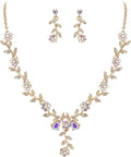 BriLove Women's Wedding Jewelry Leaf Cluster Flower Crystal Dangle Earrings Pendant Necklace Set for Bridal
