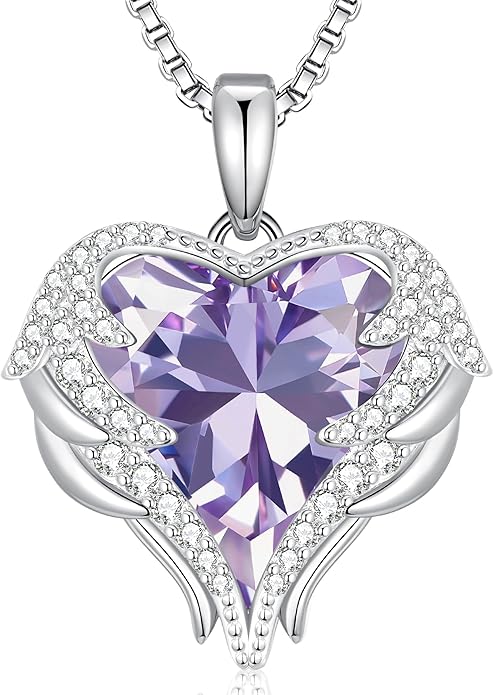 CDE Valentines Day Gifts for Women Angel Wings Necklace for Women with Birthstone, Love Heart Silver Tone/Gold Tone Pendant, Ideal Anniversary or Birthday Jewelry Gifts for Wife Girlfriend Her