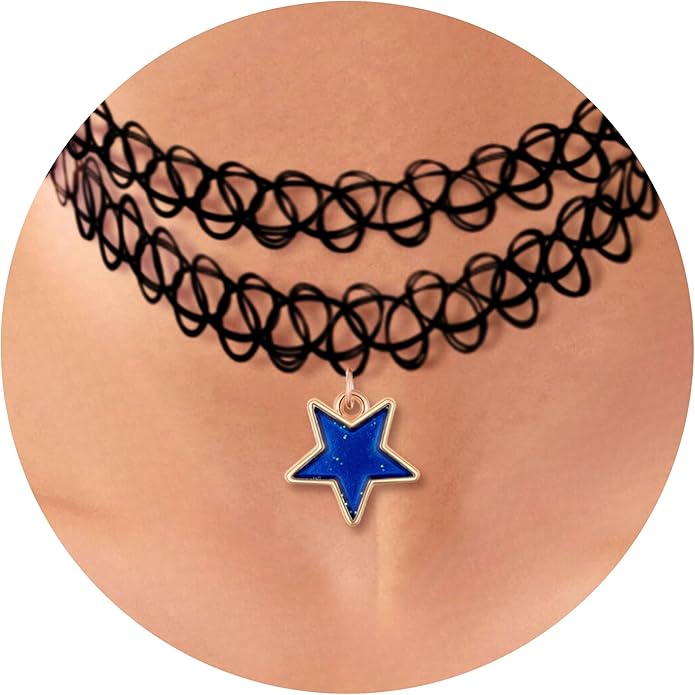 BodyJ4You 2PC Tattoo Choker Necklace - 90s Choker Necklace Women - 2000s Y2K Black Chokers Rainbow Choker - Butterfly Ying Yang Unicorn Rainbow Charms - Stretchy Elastic Necklace