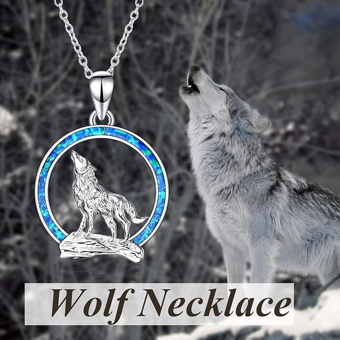 YFN Wolf Necklace Gifts for Men Women Sterling Silver Opal Moon Wolfs Jewelry Birthday 18+2"