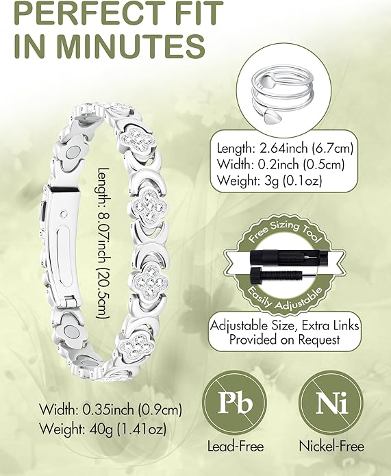 Feraco Pure Copper Bracelets & Rings for Women, Ultra Strength Magnetic Bracelet for Women with Neodymium Magnets & Sparkling Cubic Zirconia, Adjustable, Infinite Clover Jewelry