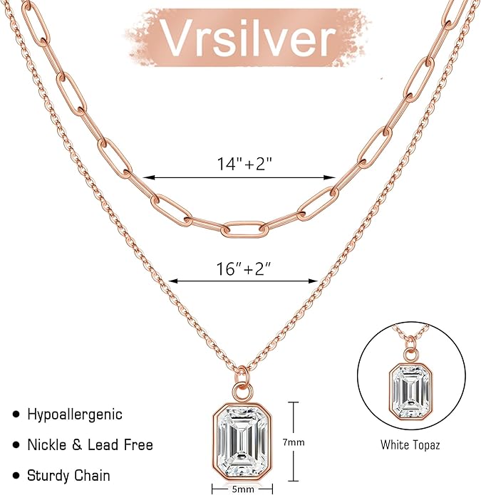Layered Birthstone Necklace for Women Girls, 14K Gold-Plated Paperclip Chain Choker Necklace with Rectangle Birthstone Pendant Birthday Gifts for Women Girls Dainty Small