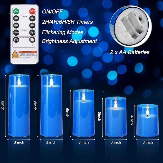 Homemory Blue Flickering Flameless Candles, Battery Operated Acrylic LED Pillar - Image 8
