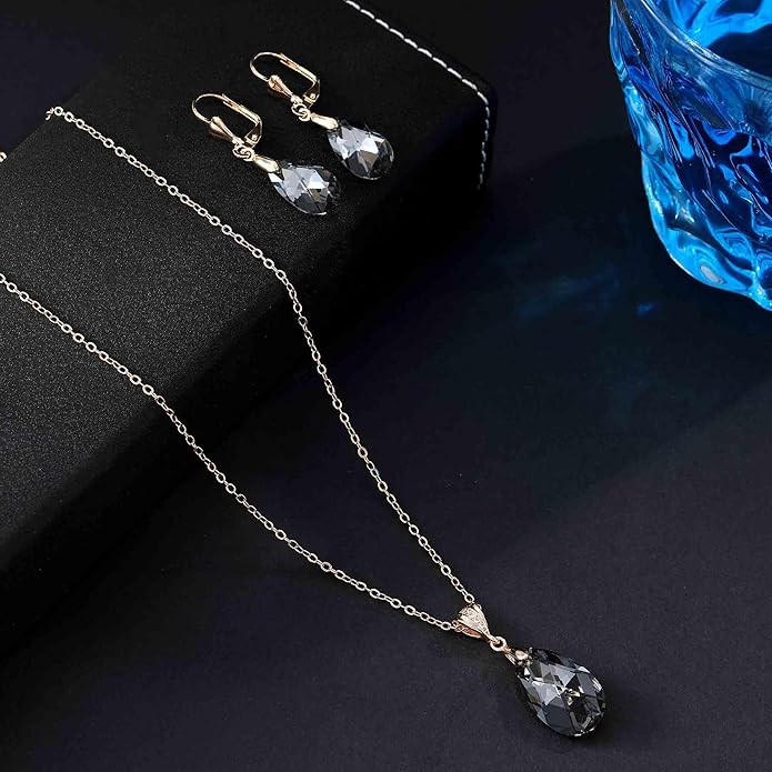 EVEVIC Austrian Crystals Teardrop Pendant Necklace Earrings for Women 14K Gold Plated Hypoallergenic Leverback Drop Dangle Earrings Jewelry Set